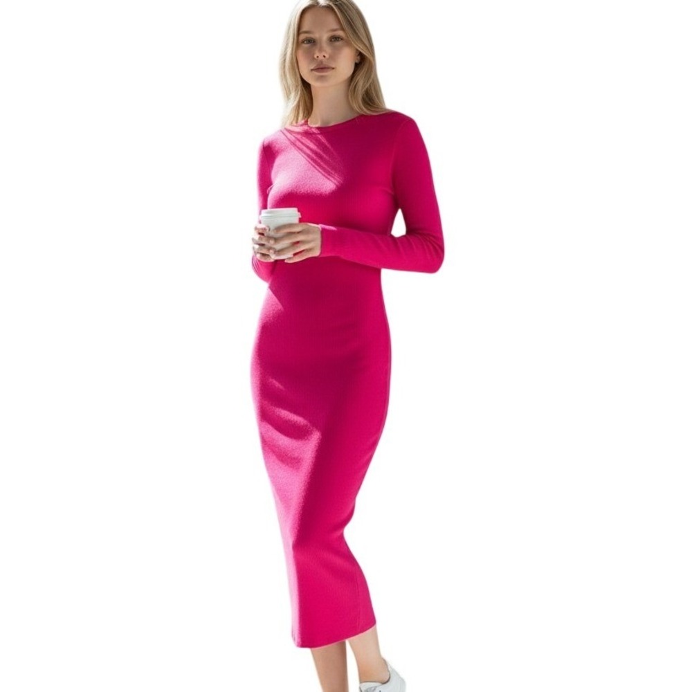 NWT ANTHROPOLOGIE Hot Pink Long Sleeve Ribbed Maxi Dress Small